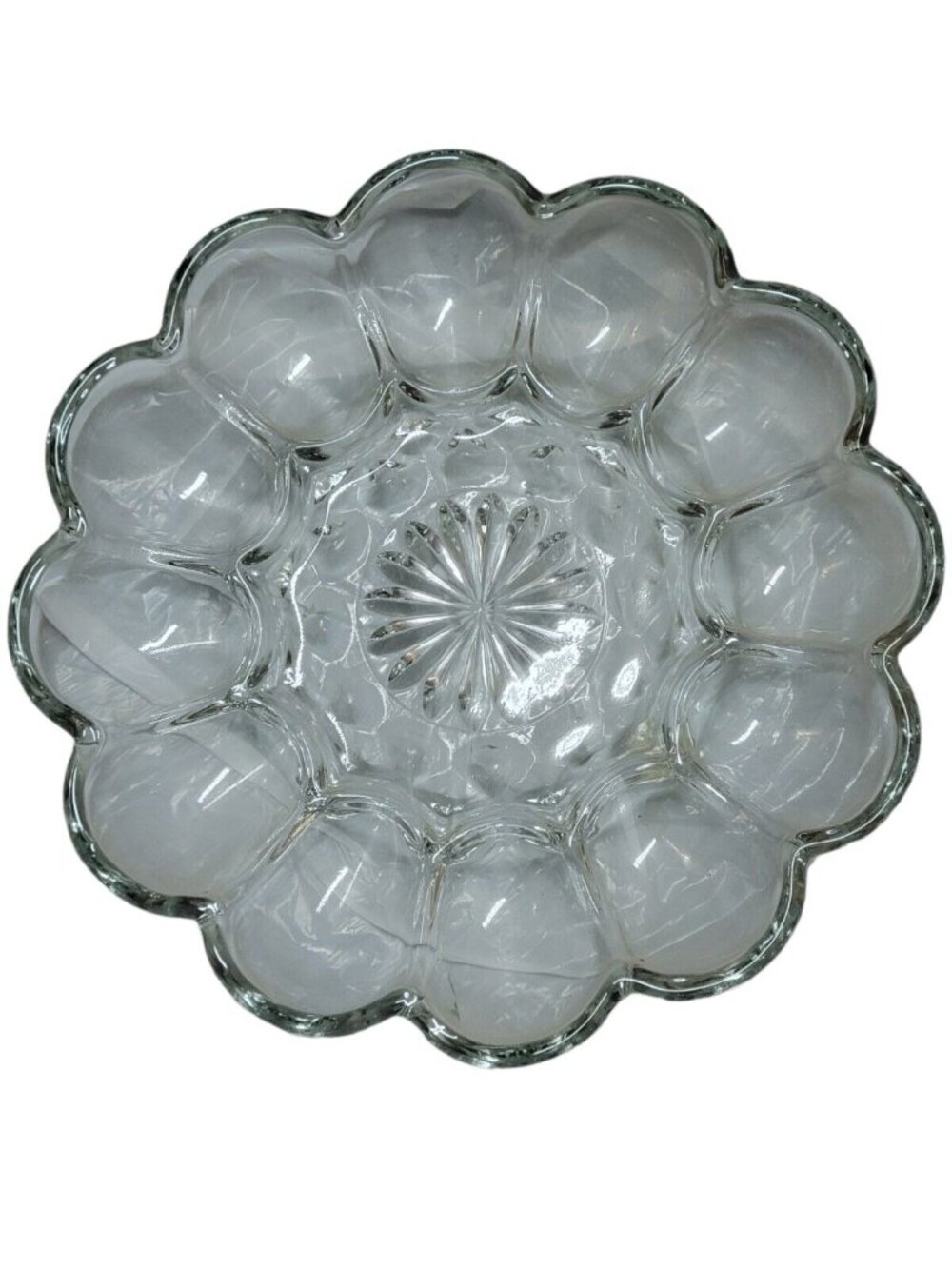 Clear Depression Glass Deviled Egg Serving Plate 10inD 12 Eggs Made in USA Vtg
